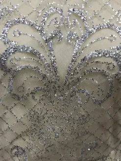 Robe de soirée pour femme col montant chic sequins manches longues dos nu argentée sexy