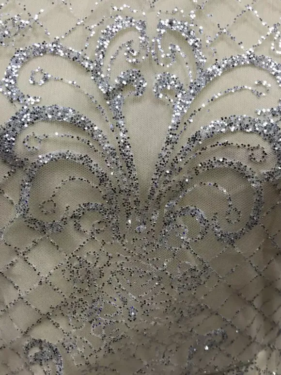 Robe de soirée pour femme col montant chic sequins manches longues dos nu argentée sexy