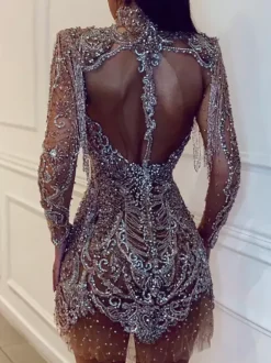Robe de soirée pour femme col montant chic sequins manches longues dos nu argentée sexy