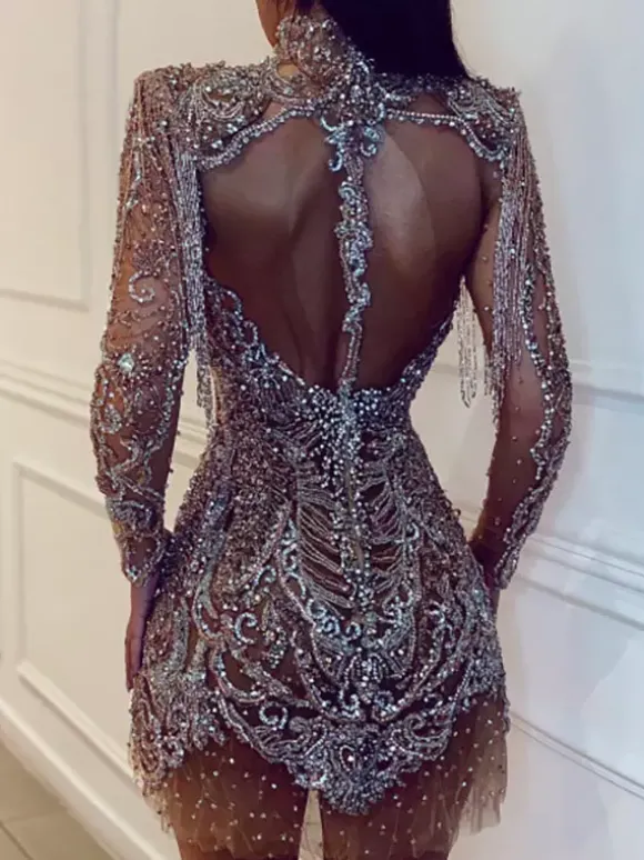 Robe de soirée pour femme col montant chic sequins manches longues dos nu argentée sexy