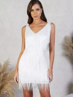 Robe de soirée pour femme col V sequins chics sans manches dos nu en polyester argenté robe sexy.