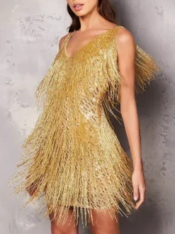 Robe de soirée pour femme col V sequins chics sans manches dos nu en polyester argenté robe sexy.