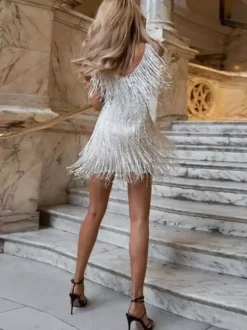 Robe de soirée pour femme col V sequins chics sans manches dos nu en polyester argenté robe sexy.