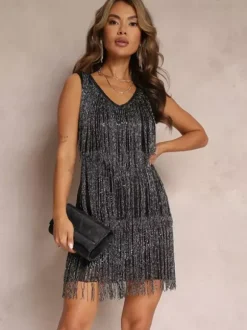 Robe de soirée pour femme col V sequins chics sans manches dos nu en polyester argenté robe sexy.