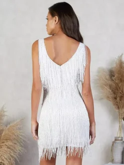 Robe de soirée pour femme col V sequins chics sans manches dos nu en polyester argenté robe sexy.