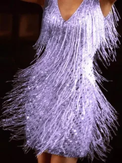 Robe de soirée pour femme col V sequins chics sans manches dos nu en polyester argenté robe sexy.