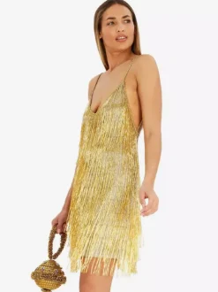 Robe de soirée pour femme dorée col en V franges sans manches dos nu sexy