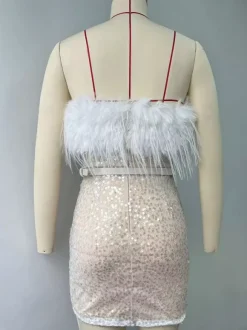 Robe de soirée pour femme bustier chic à plumes sans manches dos nu blanche sexy