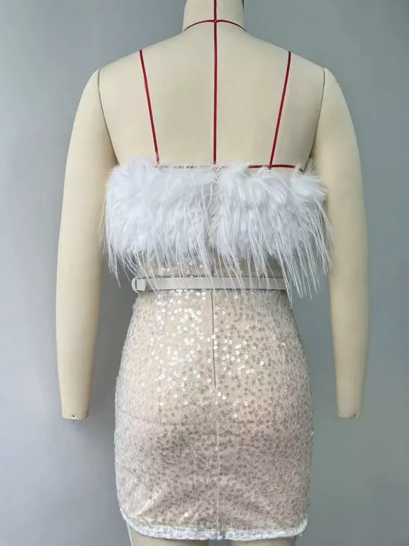 Robe de soirée pour femme bustier chic à plumes sans manches dos nu blanche sexy