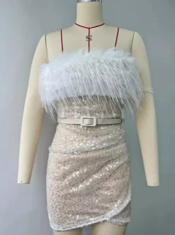 Robe de soirée pour femme bustier chic à plumes sans manches dos nu blanche sexy