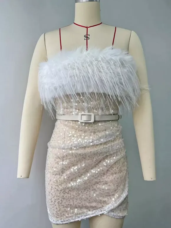 Robe de soirée pour femme bustier chic à plumes sans manches dos nu blanche sexy