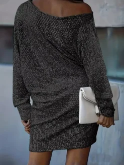 Robe de soirée pour femme col rond élégant manches longues coupe sculptante noire et sexy