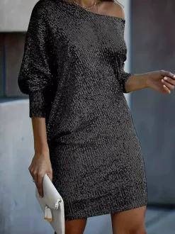 Robe de soirée pour femme col rond élégant manches longues coupe sculptante noire et sexy