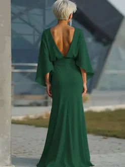 Robe de soirée pour la mère de la mariée col rond manches 3/4 robe de bal plissée avec traîne robe d'invitée pour un mariage