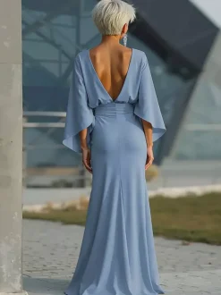 Robe de soirée pour la mère de la mariée col rond manches 3/4 robe de bal plissée avec traîne robe d'invitée pour un mariage