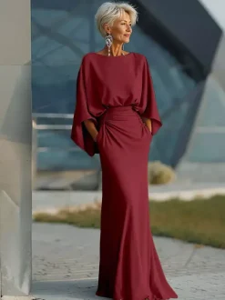 Robe de soirée pour la mère de la mariée col rond manches 3/4 robe de bal plissée avec traîne robe d'invitée pour un mariage