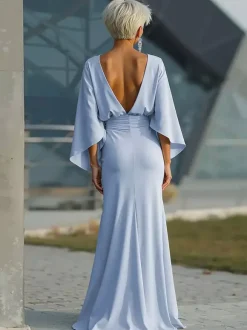 Robe de soirée pour la mère de la mariée col rond manches 3/4 robe de bal plissée avec traîne robe d'invitée pour un mariage