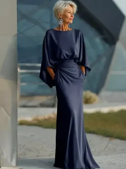 Robe de soirée pour la mère de la mariée col rond manches 3/4 robe de bal plissée avec traîne robe d'invitée pour un mariage