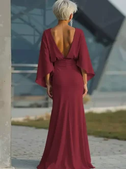 Robe de soirée pour la mère de la mariée col rond manches 3/4 robe de bal plissée avec traîne robe d'invitée pour un mariage