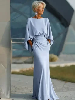 Robe de soirée pour la mère de la mariée col rond manches 3/4 robe de bal plissée avec traîne robe d'invitée pour un mariage