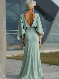 Robe de soirée pour la mère de la mariée col rond manches 3/4 robe de bal plissée avec traîne robe d'invitée pour un mariage