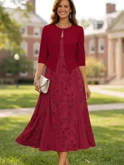 Robe de soirée pour la mère de la mariée col en V manches 3/4 robe courte en dentelle longueur thé pour invitée de mariage