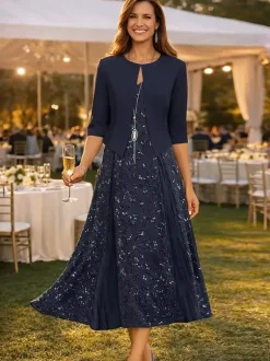Robe de soirée pour la mère de la mariée col en V manches 3/4 robe courte en dentelle longueur thé pour invitée de mariage