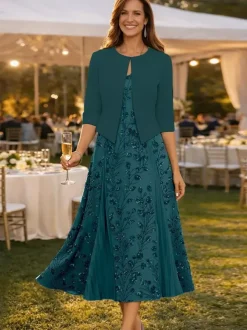 Robe de soirée pour la mère de la mariée col en V manches 3/4 robe courte en dentelle longueur thé pour invitée de mariage