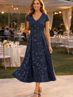 Robe de soirée pour la mère de la mariée col en V manches 3/4 robe courte en dentelle longueur thé pour invitée de mariage