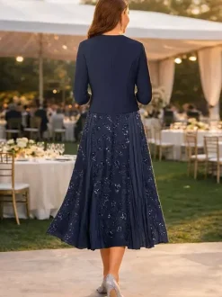 Robe de soirée pour la mère de la mariée col en V manches 3/4 robe courte en dentelle longueur thé pour invitée de mariage