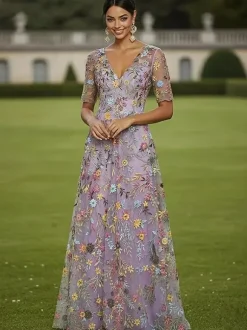 Robe de soirée pour la mère de la mariée col rond manches courtes coupe trapèze en dentelle idéale pour un mariage