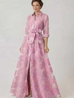 Robe de soirée pour la mère de la mariée décolleté travaillé manches 3/4 coupe trapèze ceinture robe d'invitée pour un mariage