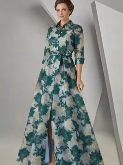 Robe de soirée pour la mère de la mariée décolleté travaillé manches 3/4 coupe trapèze ceinture robe d'invitée pour un mariage
