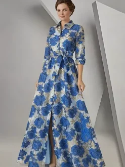 Robe de soirée pour la mère de la mariée décolleté travaillé manches 3/4 coupe trapèze ceinture robe d'invitée pour un mariage