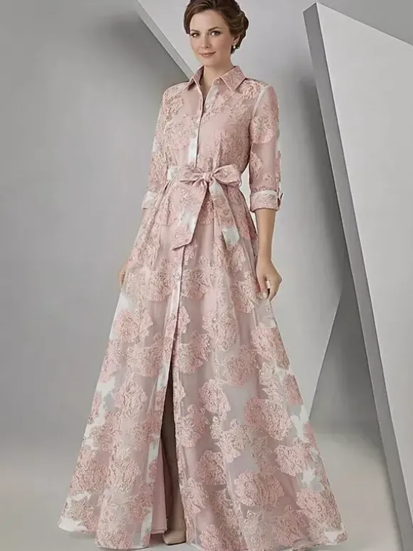Robe de soirée pour la mère de la mariée décolleté travaillé manches 3/4 coupe trapèze ceinture robe d'invitée pour un mariage