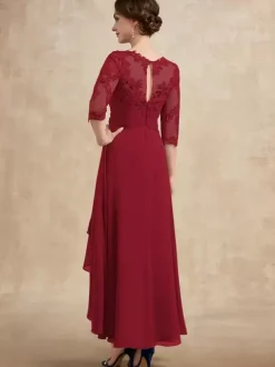 Robe de soirée pour la mère de la mariée col en bijoux manches 3/4 ligne A dentelle robes d'invitées pour mariage