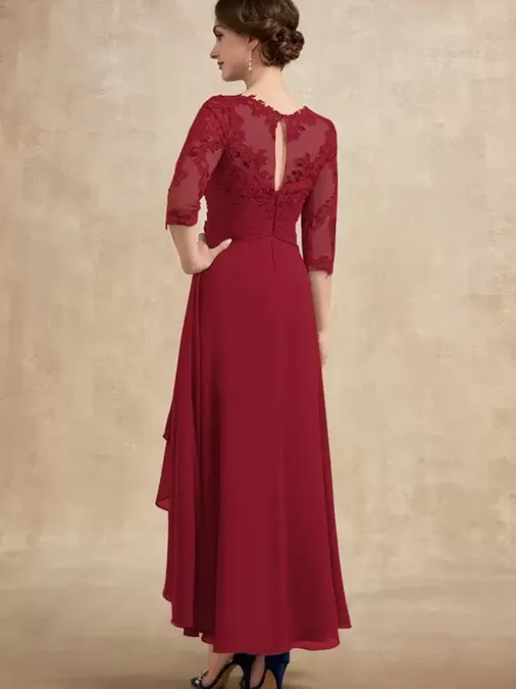 Robe de soirée pour la mère de la mariée col en bijoux manches 3/4 ligne A dentelle robes d'invitées pour mariage