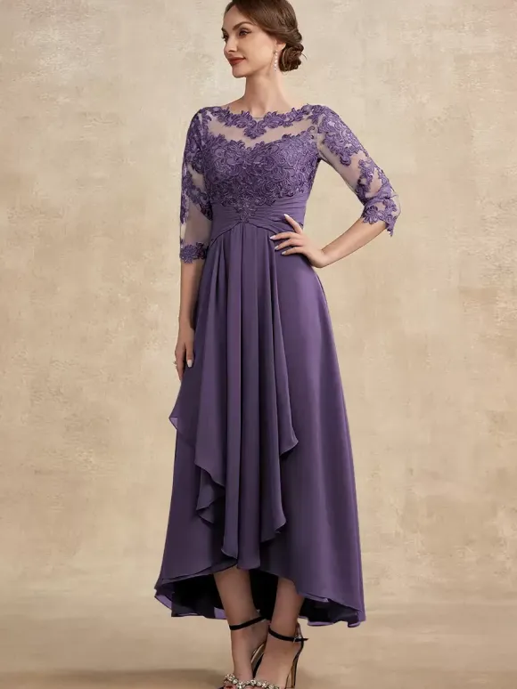 Robe de soirée pour la mère de la mariée col en bijoux manches 3/4 ligne A dentelle robes d'invitées pour mariage