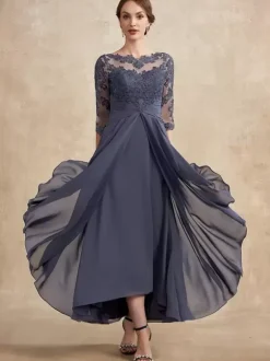 Robe de soirée pour la mère de la mariée col en bijoux manches 3/4 ligne A dentelle robes d'invitées pour mariage