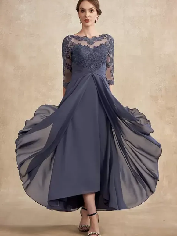 Robe de soirée pour la mère de la mariée col en bijoux manches 3/4 ligne A dentelle robes d'invitées pour mariage