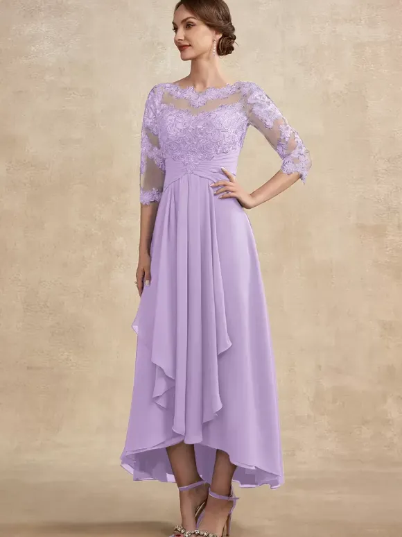 Robe de soirée pour la mère de la mariée col en bijoux manches 3/4 ligne A dentelle robes d'invitées pour mariage