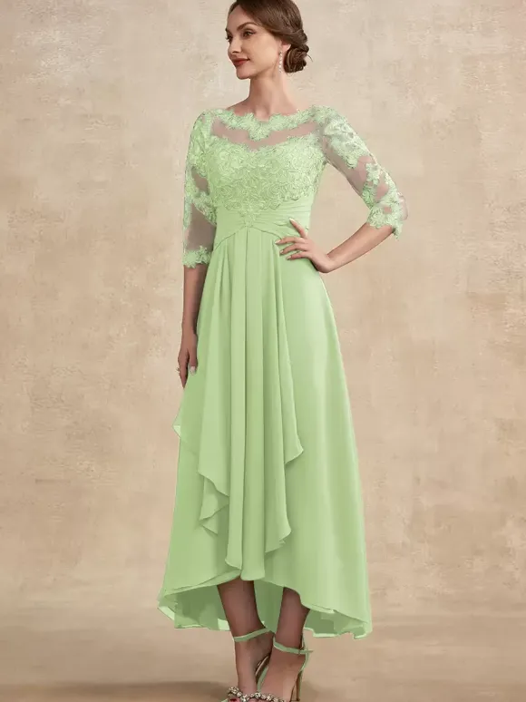 Robe de soirée pour la mère de la mariée col en bijoux manches 3/4 ligne A dentelle robes d'invitées pour mariage