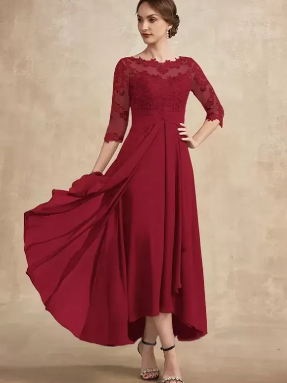 Robe de soirée pour la mère de la mariée col en bijoux manches 3/4 ligne A dentelle robes d'invitées pour mariage