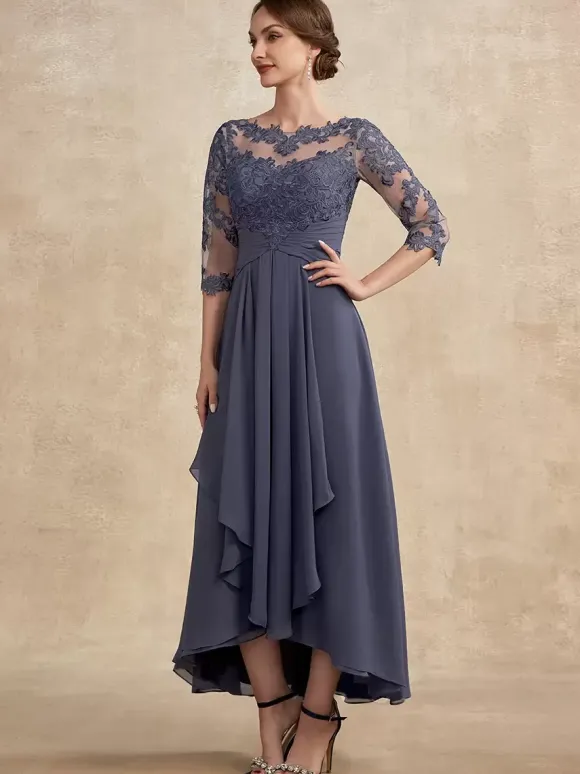 Robe de soirée pour la mère de la mariée col en bijoux manches 3/4 ligne A dentelle robes d'invitées pour mariage