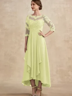 Robe de soirée pour la mère de la mariée col en bijoux manches 3/4 ligne A dentelle robes d'invitées pour mariage