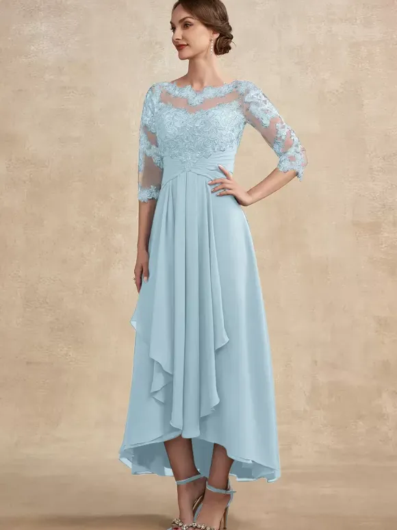 Robe de soirée pour la mère de la mariée col en bijoux manches 3/4 ligne A dentelle robes d'invitées pour mariage