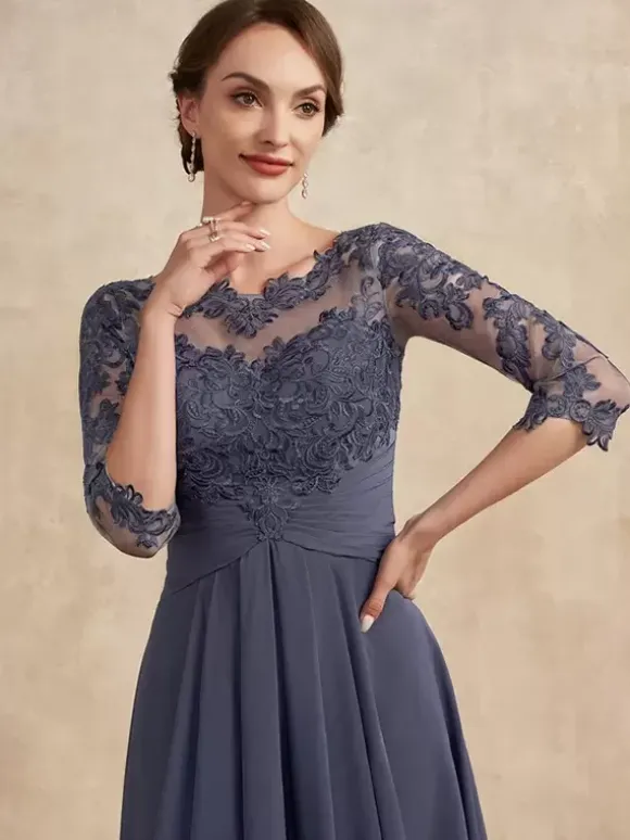 Robe de soirée pour la mère de la mariée col en bijoux manches 3/4 ligne A dentelle robes d'invitées pour mariage