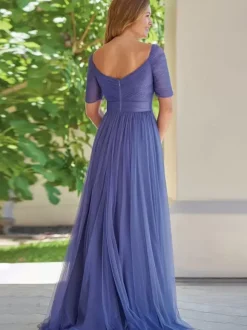Robe de soirée pour la mère de la mariée décolleté conçu manches courtes ligne A plissée robes d'invitées pour mariage