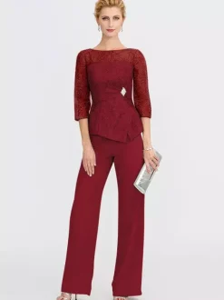 Robe de soirée pour la mère de la mariée décolleté illusion manches 3/4 deux pièces en dentelle longueur au sol robes d'invitées pour mariage