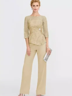 Robe de soirée pour la mère de la mariée décolleté illusion manches 3/4 deux pièces en dentelle longueur au sol robes d'invitées pour mariage